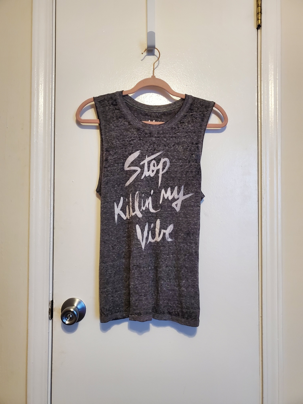 Tokyo Darling Graphic Muscle Tank Top - Charcoal "Stop Killin' My Vibe"